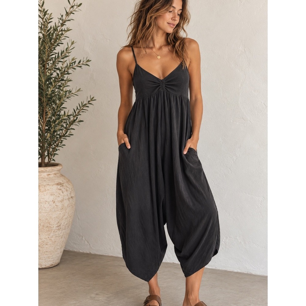 Patagonia Lost Wildflower Tencel Jumpsuit Black Tie Back Boho Minimalist L